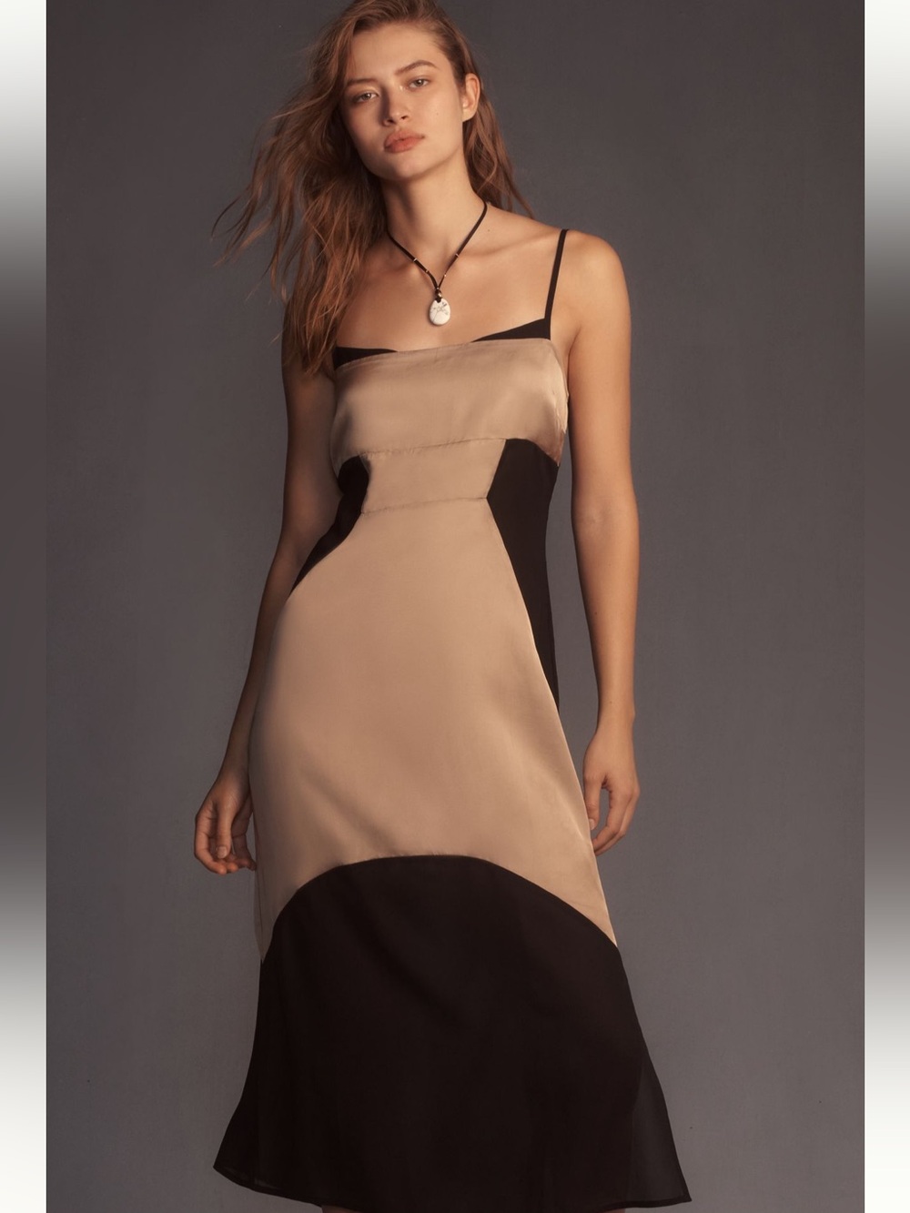 By Anthropologie Colorblock Slip Midi Dress • Taupe • Small